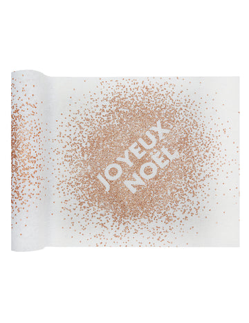 Biely bavlnený prestierací stôl s ružovo-zlatými trblietkami a nápisom „Veselé Vianoce“, 3 m x 28 cm cm