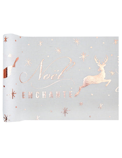 Chemin de table en coton Noël enchanté rose gold avec motifs de cerfs