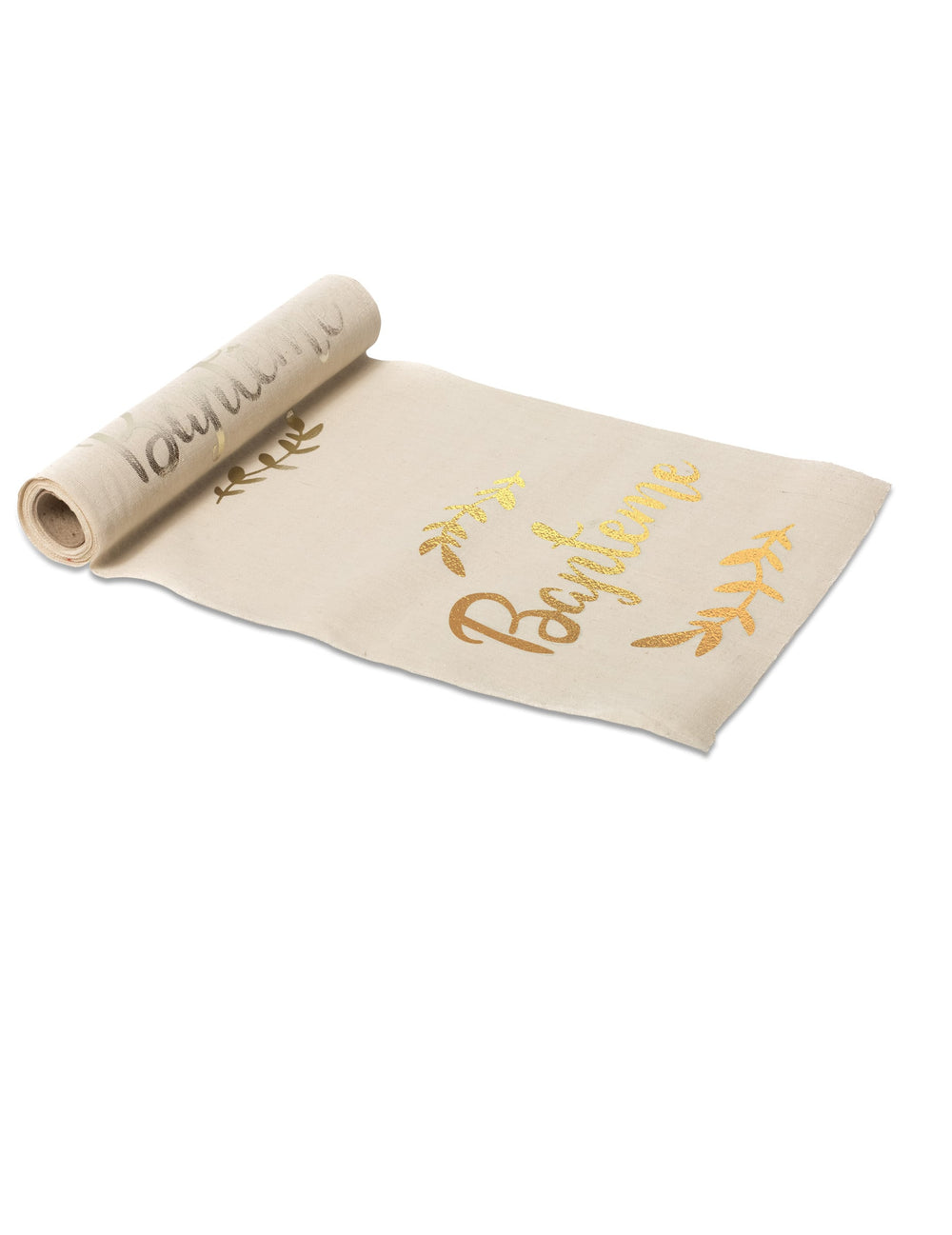 Chemin de table baptême en lin naturel champagne avec lauriers dorés
