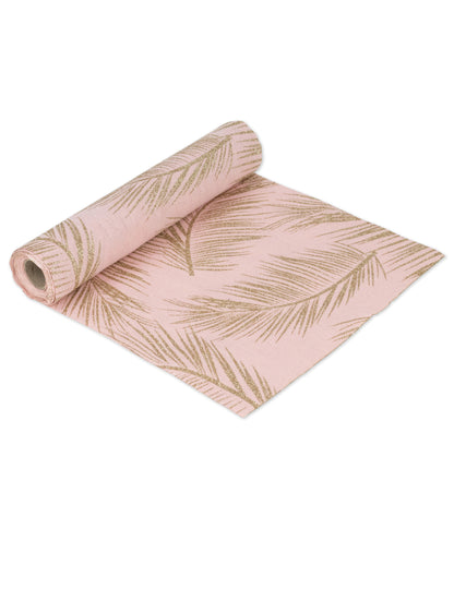 Ľanový prestierací stôl v púdrovej ružovej farbe so zlatými papraďami 28 cm x 5 m tropický