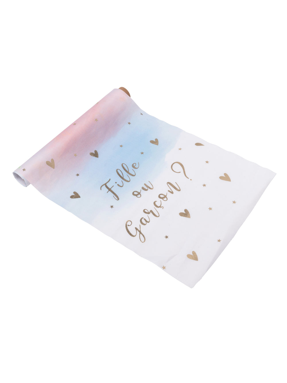 Chemin de table fille ou garçon pour baby shower rose bleu et or