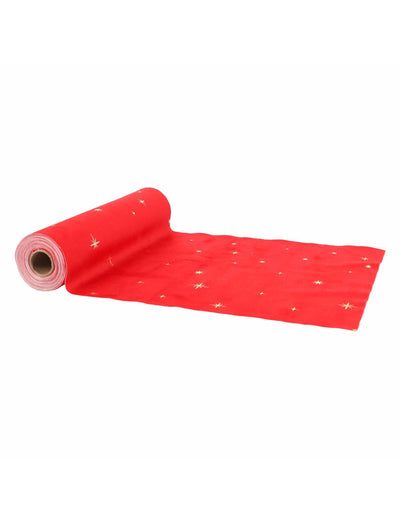 Behúň na stôl s hviezdami červený zamat a zlato 28 cm x 3 m