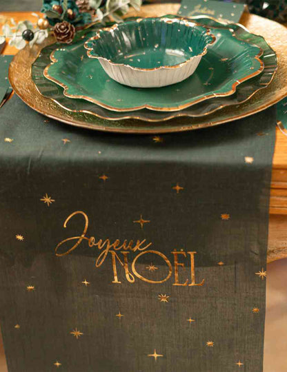Chemin de table Joyeux Noël L'Intemporel vert anglais et or 28 cm x 3 m