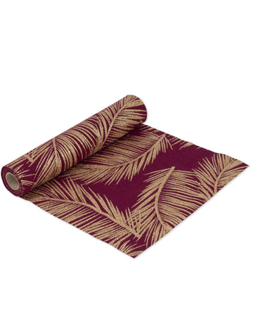 Elegantný a trblietavý ľanový prestierací stôl z marsala ľanu s medenými papraďami, 28 cm x 5 m