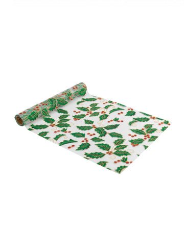 Organzový a flitrovaný behúň s vianočným vzorom cezmíny, 28 cm x 3 m, biely