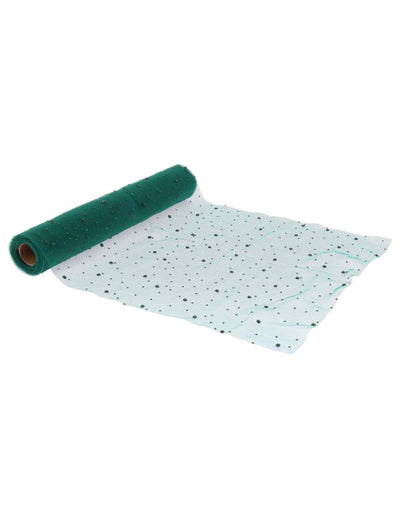 Tmavozelený behúň na stôl so štrasom 28 cm x 3 m