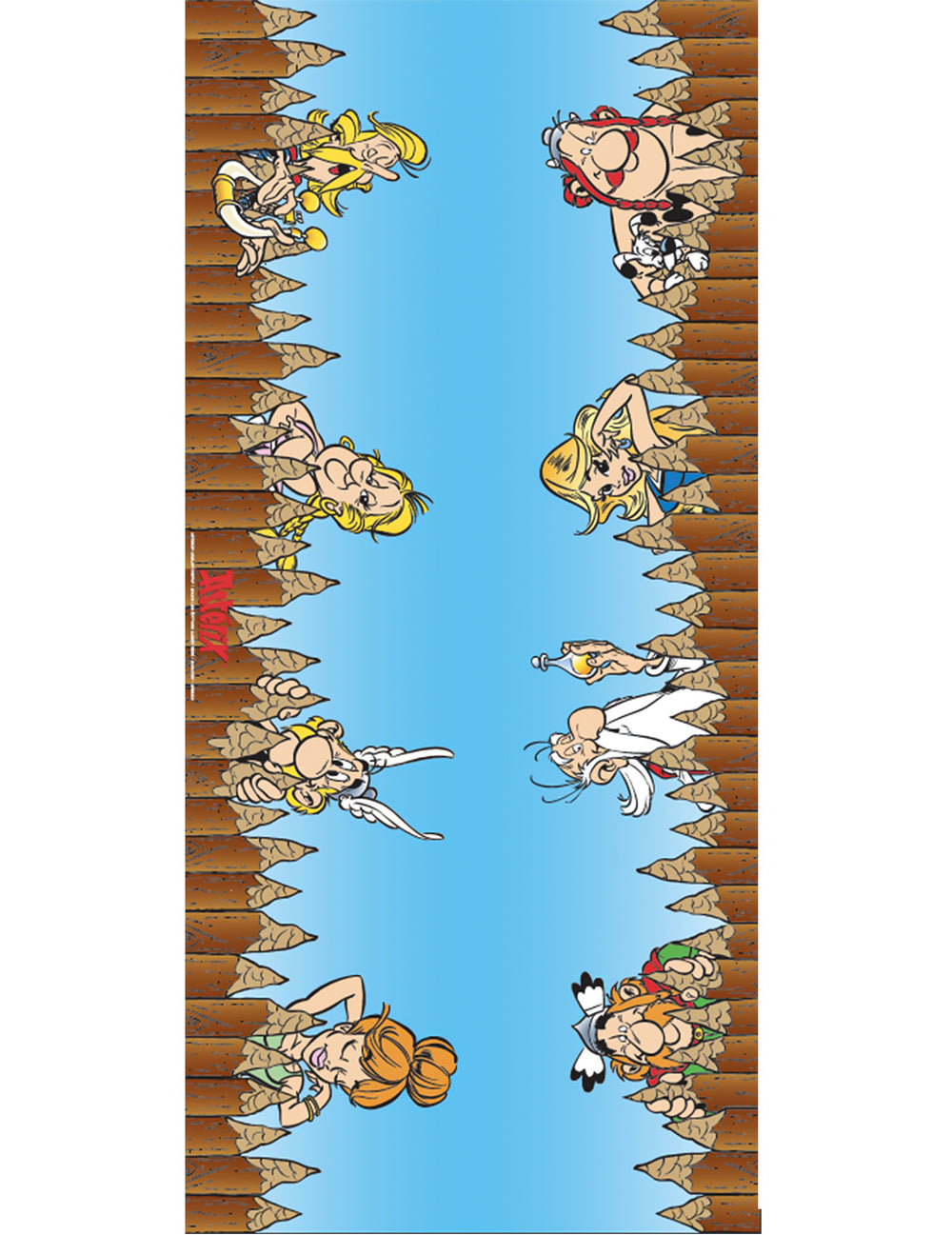 Chemin de table tissu Astérix pour fête bleu avec personnages gaulois derrière une palissade