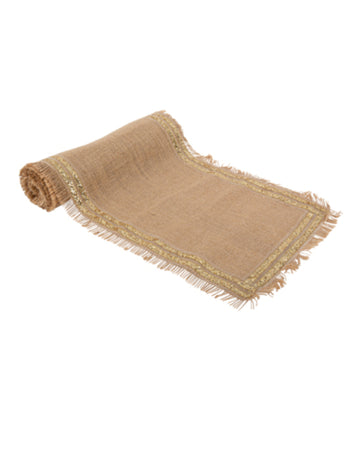 Behúň z vrecoviny s dvojitým zlatým trblietavým lemom 30 cm x 3 m na svadbu