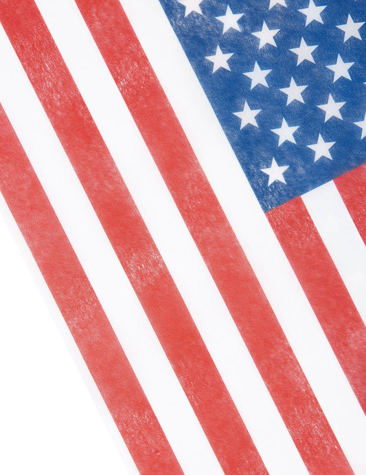 Gros plan sur les motifs étoiles et rayures du chemin de table USA