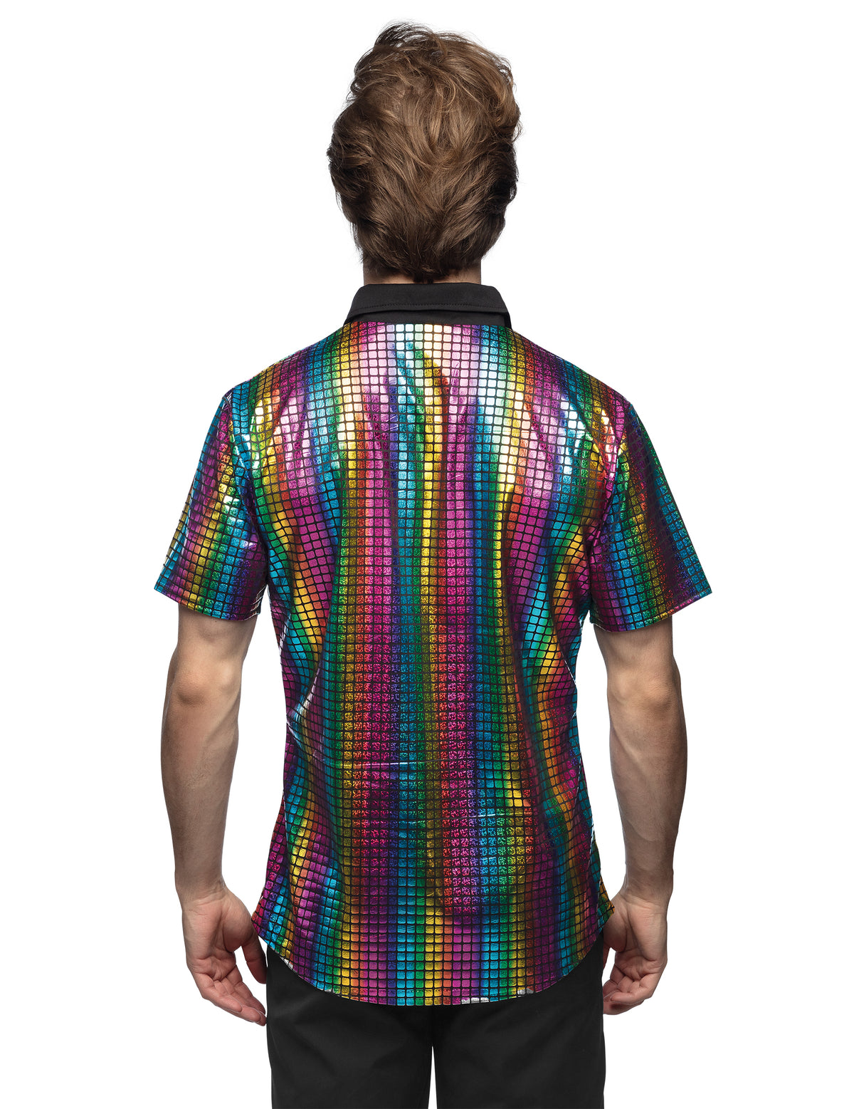 Vue de dos de la chemise boule à facettes disco arc en ciel pour homme