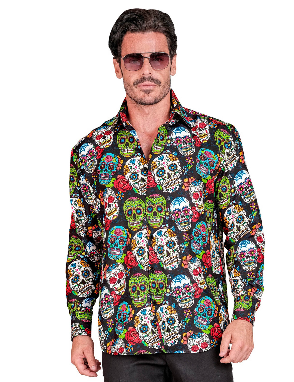 Chemise Dia de los muertos pour homme noire à motifs de têtes de mort colorées