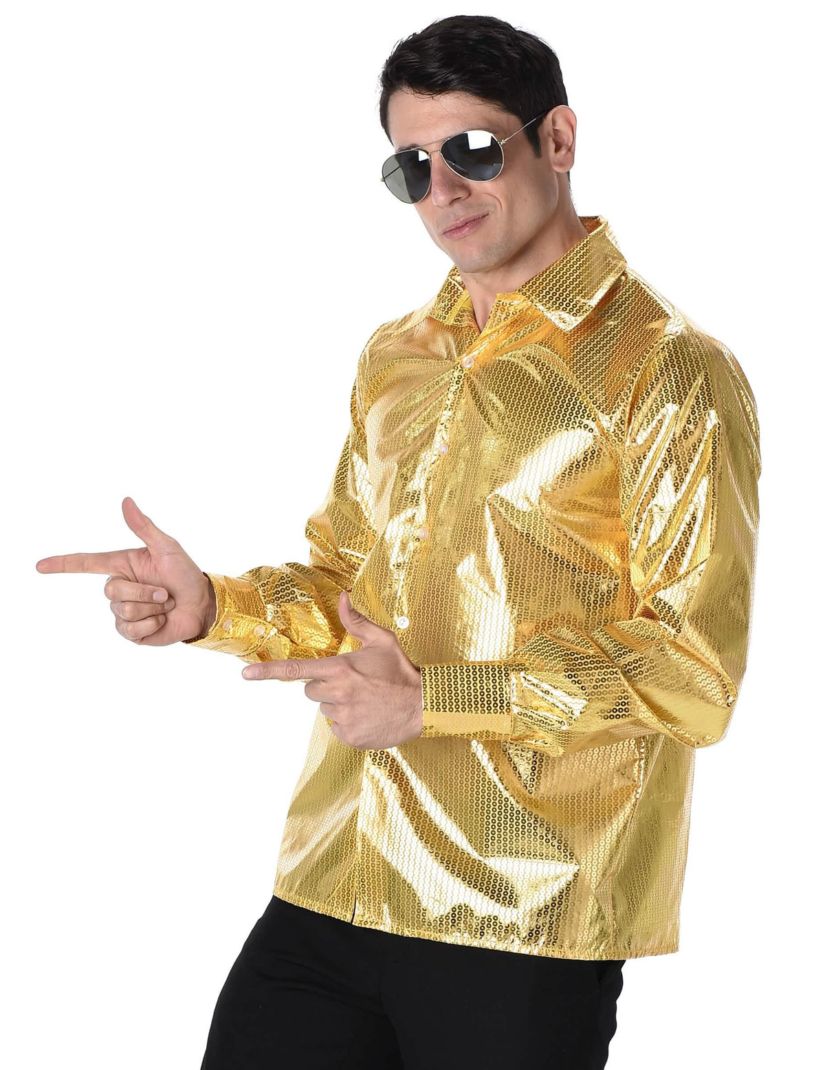 Bočný pohľad na disco košeľu pre muž s zlatými flitrami