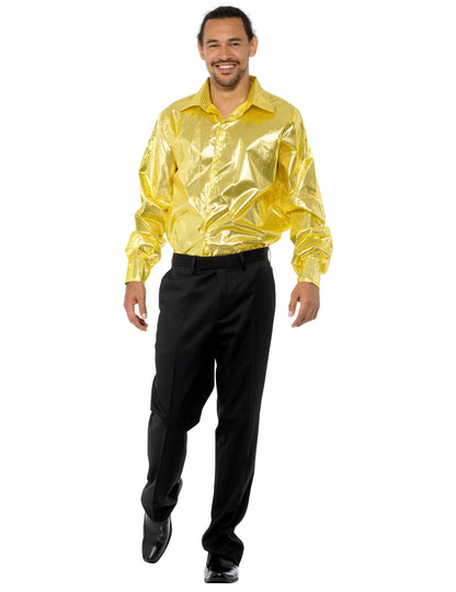 Vue de face de la chemise disco pour homme à sequins dorés