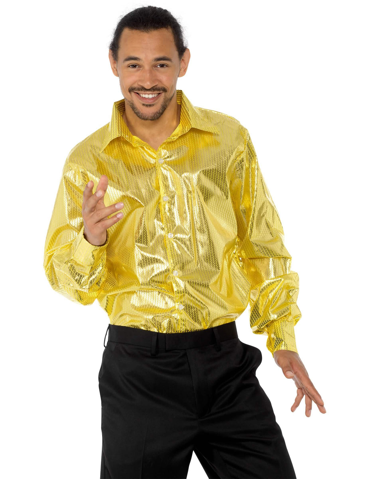 Predný pohľad na disco košeľu pre muž so zlatými flitrami