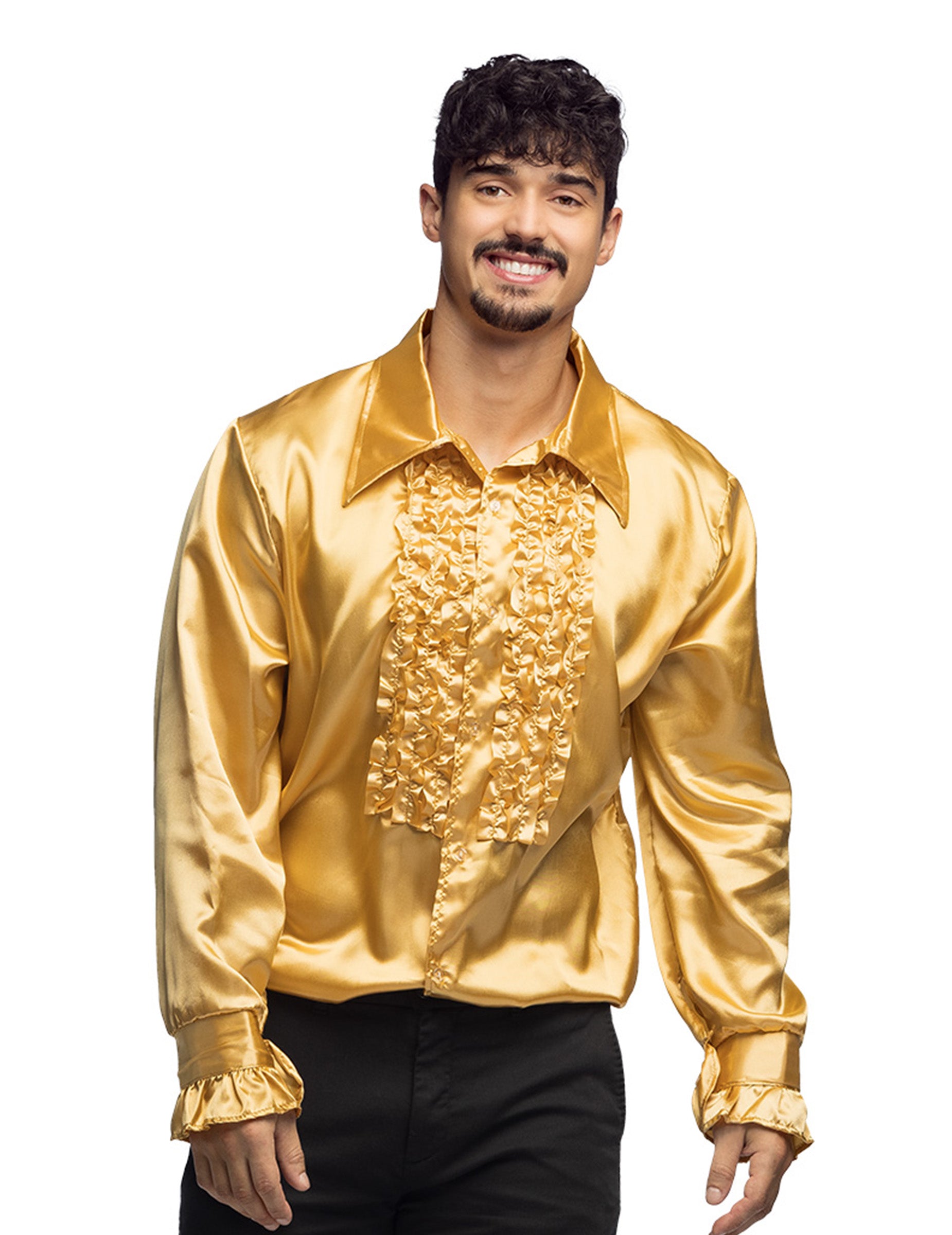 Chemise disco pour homme dorée satinée à volants