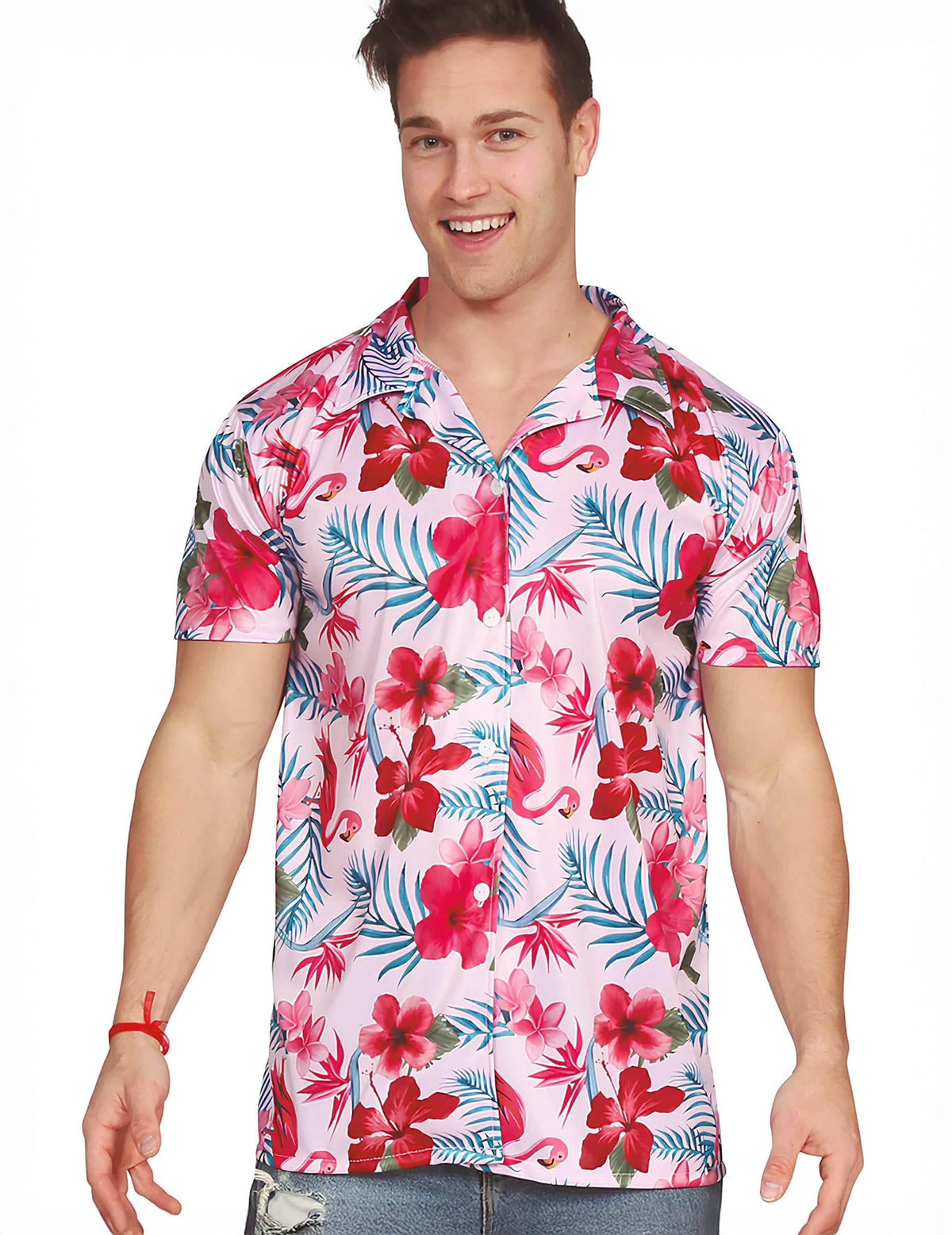 Chemise hawaïenne flamant rose pour adulte rose à fleurs d'hibiscus et motifs tropicaux