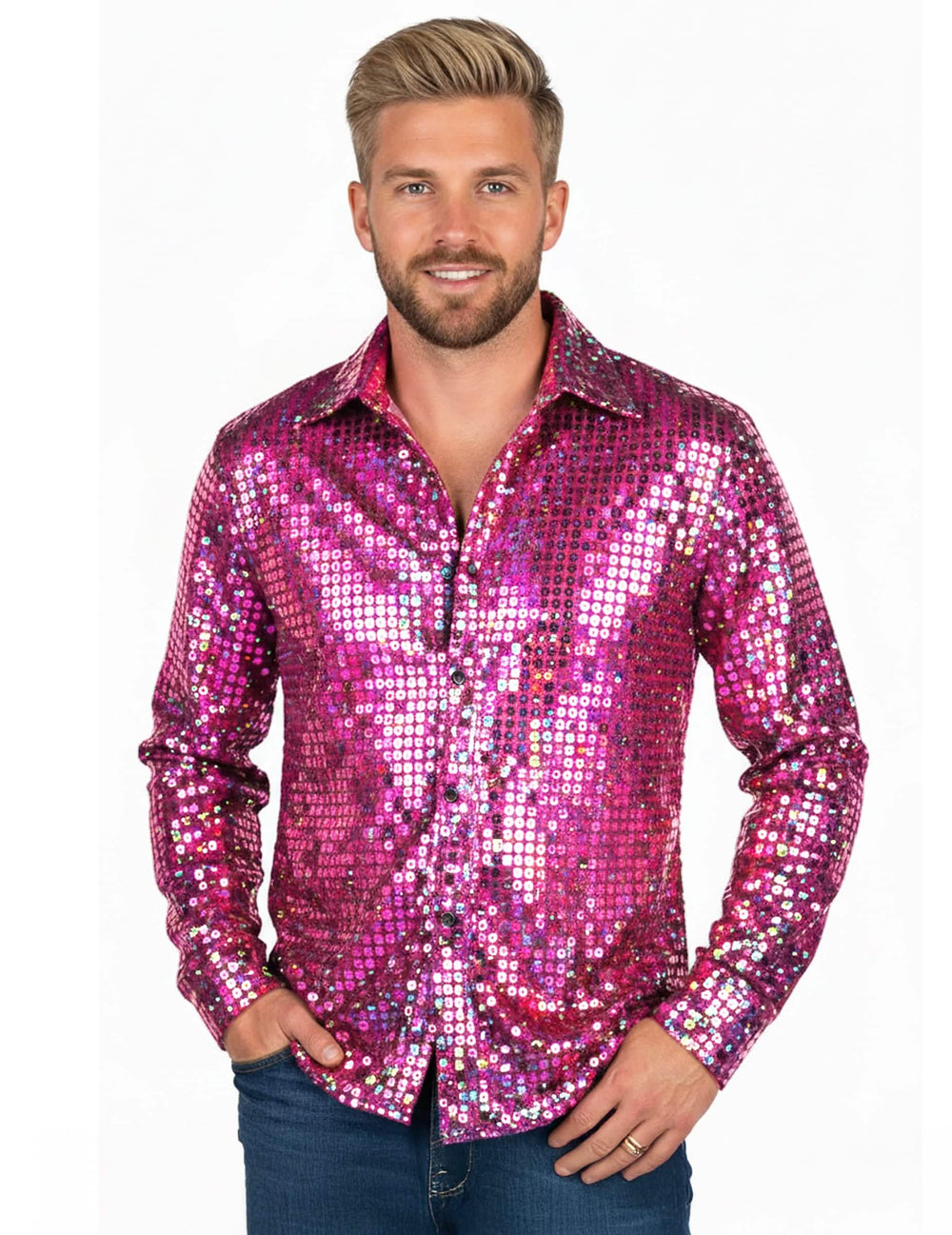 Chemise disco pour homme rose haut de gamme à sequins