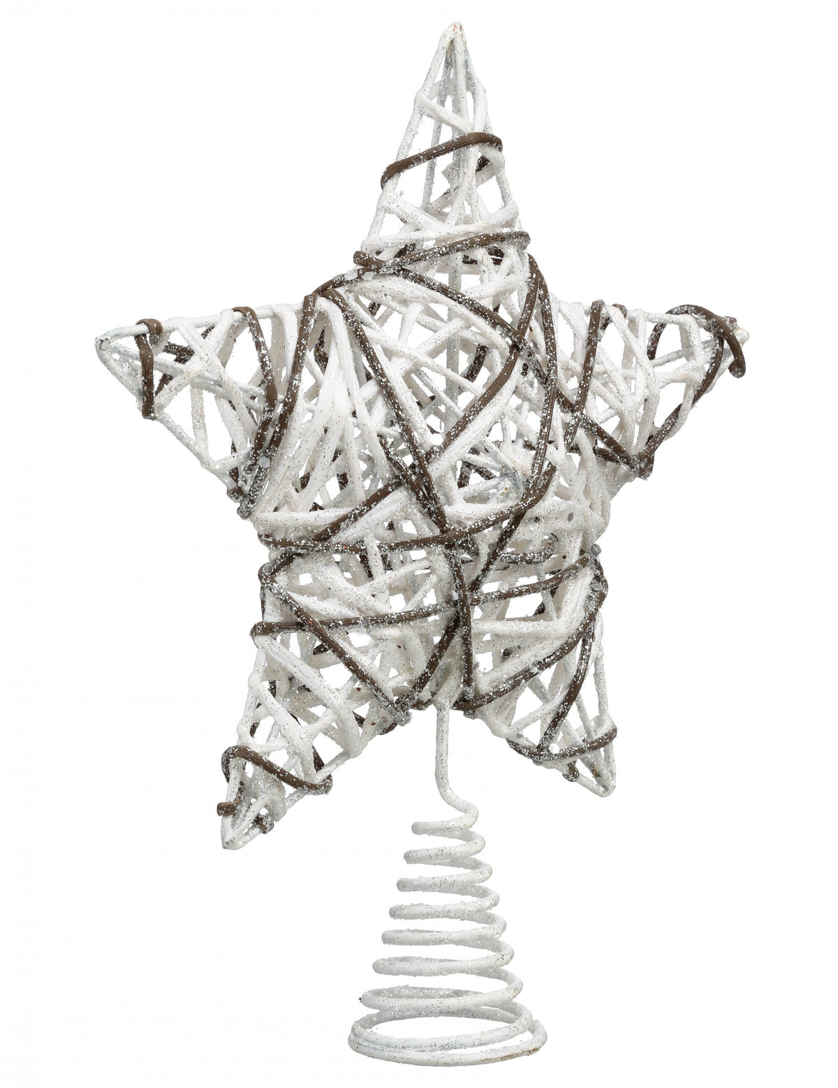Cimier de sapin étoile en rotin blanc et bois pailleté