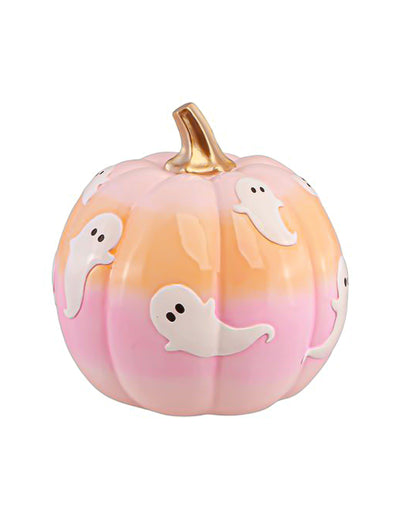 Dekoratívna tekvica Summerween z živice s prechodovými farbami s duchmi 14,5 x 14,5 x 14,8 cm