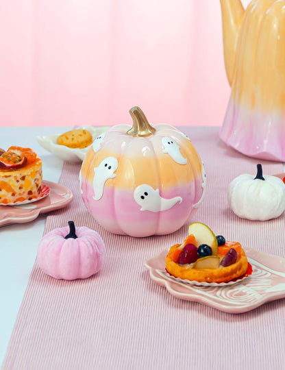 Dekoratívna tekvica Summerween z živice s prechodovými farbami s duchmi 14,5 x 14,5 x 14,8 cm