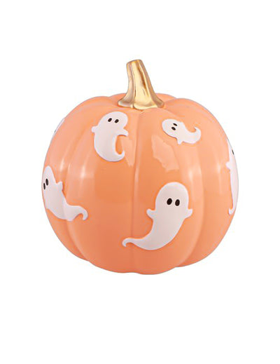 Dekoratívna tekvica Summerween z pastelovo oranžovej živice s duchmi 14,5 x 14,5 x 14,8 cm