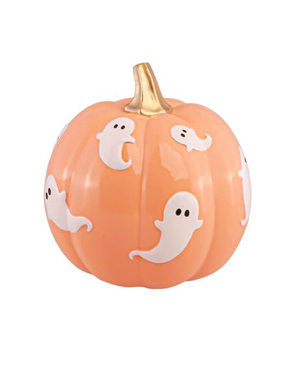 Dekoratívna tekvica Summerween z pastelovo oranžovej živice s duchmi 14,5 x 14,5 x 14,8 cm