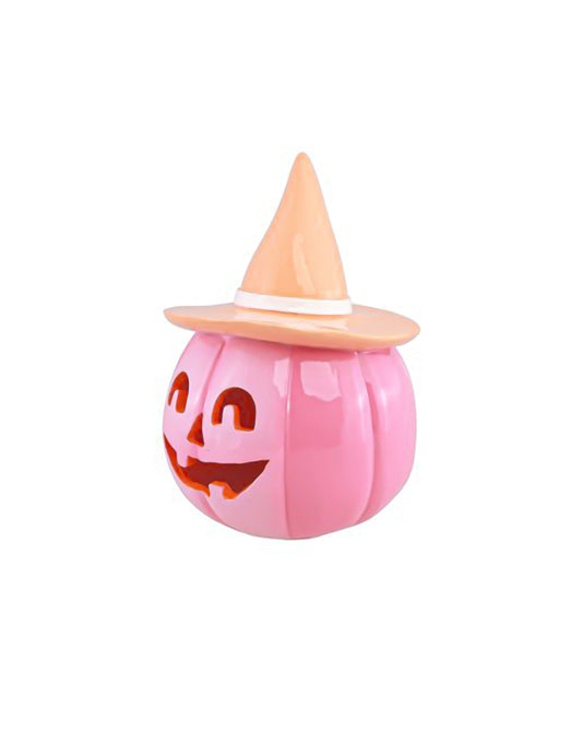Dekoratívna tekvica Summerween z ružovej živice s pastelovo oranžovým klobúkom 12,5 x 12,3 x 17 cm