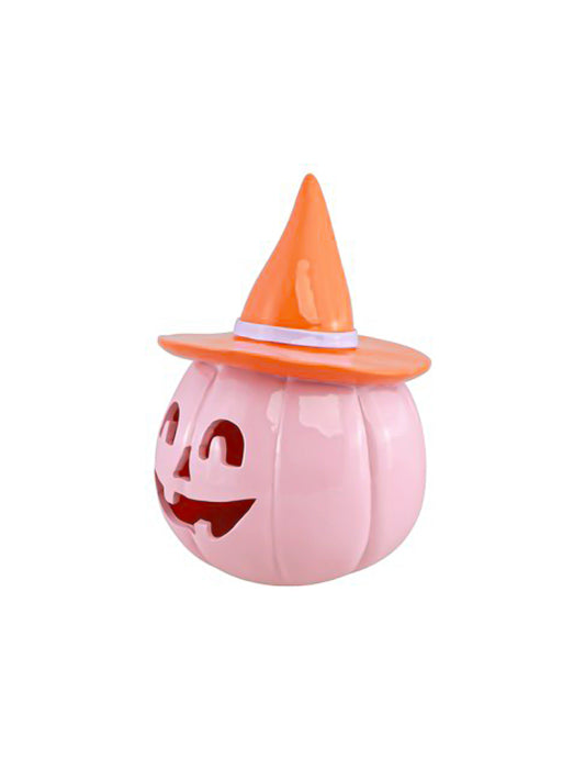 Dekoratívna tekvica Summerween z pastelovo ružovej živice s oranžovým klobúkom 12,5 x 12,3 x 17 cm