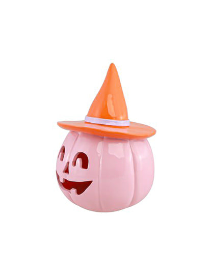 Dekoratívna tekvica Summerween z pastelovo ružovej živice s oranžovým klobúkom 12,5 x 12,3 x 17 cm
