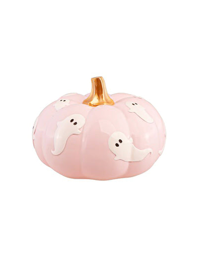 Dekoratívna tekvica Summerween z pastelovo ružovej živice s duchmi 15,5 x 15,5 x 11 cm