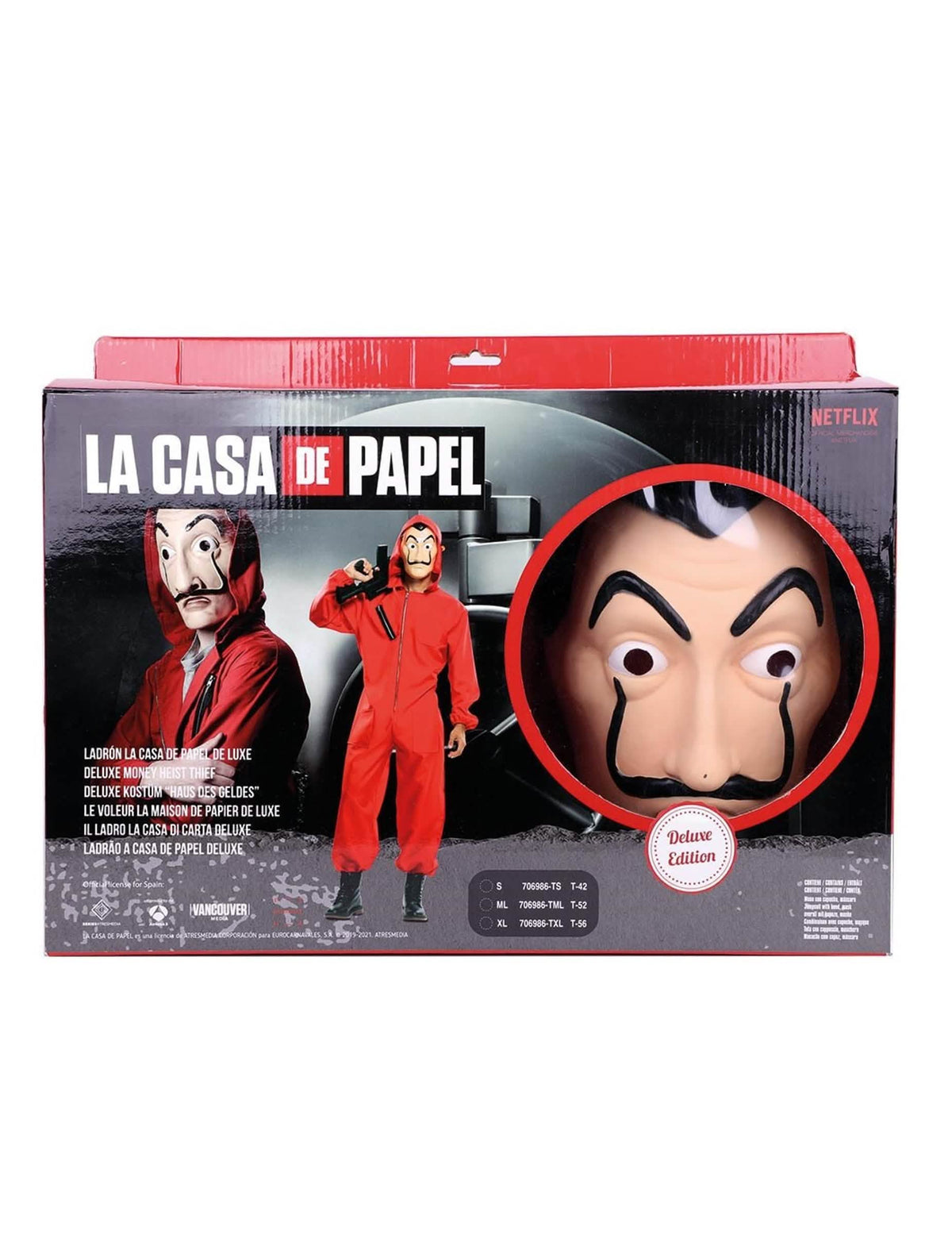 Pohľad na balenie súpravy kostýmu a masky luxus La Casa de Papel pre dospelý
