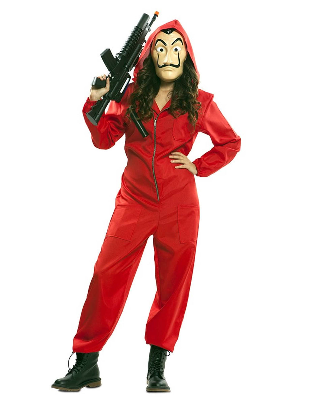 Pohľad spredu na oblečený kostýmový set a luxusnú masku La Casa de Papel