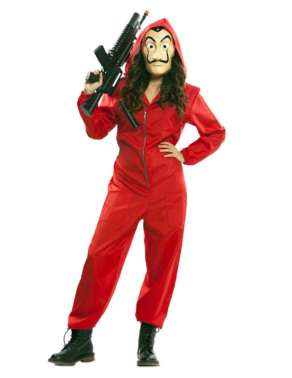 Pohľad spredu na oblečený kostýmový set a luxusnú masku La Casa de Papel