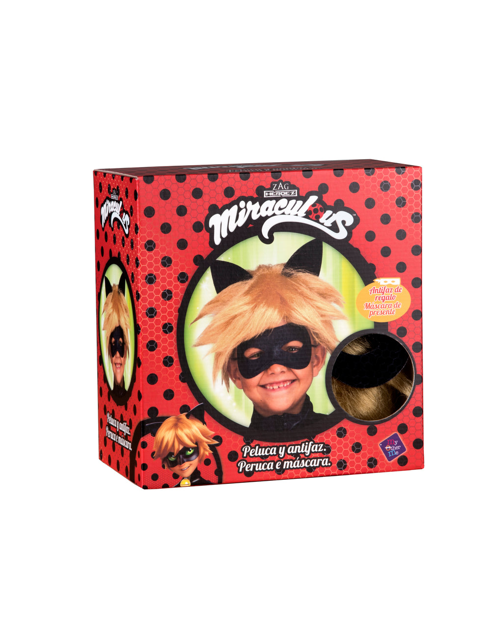 Vue de l'emballage de la perruque et masque Chat Noir Miraculous™ pour enfant