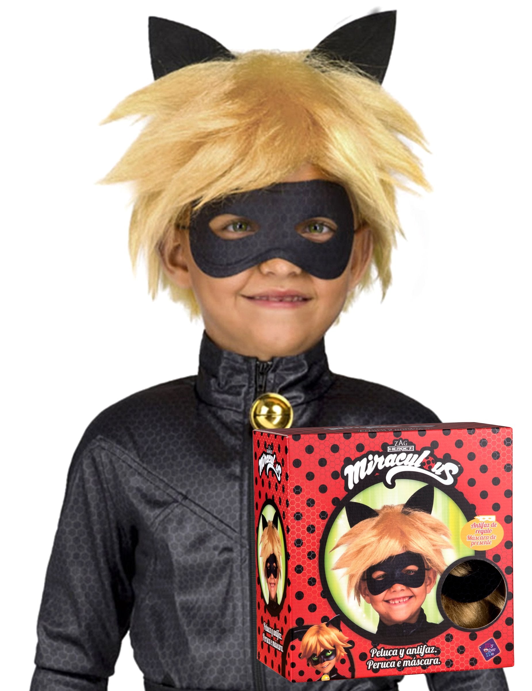 Perruque et masque Chat Noir Miraculous™ pour enfant blonde avec oreilles de chat et loup noir