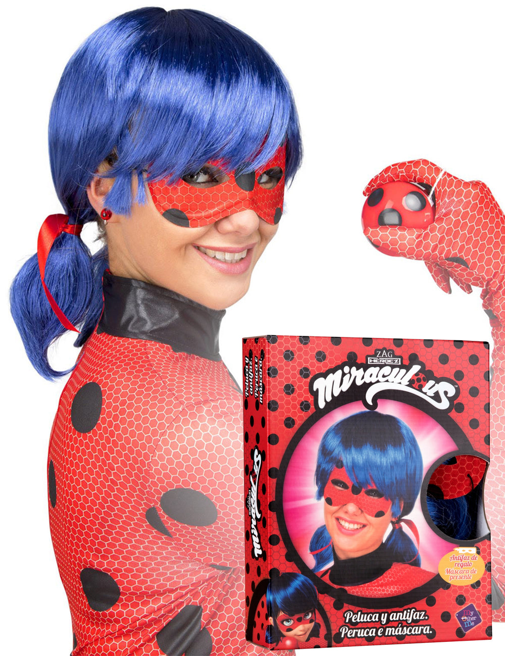Boîte d'emballage du coffret perruque et masque Ladybug pour adulte