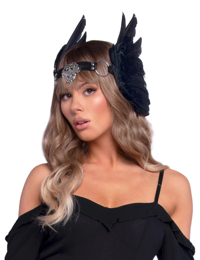 Coiffe ailes d'ange luxe pour adulte noire avec plumes et ornements argentés