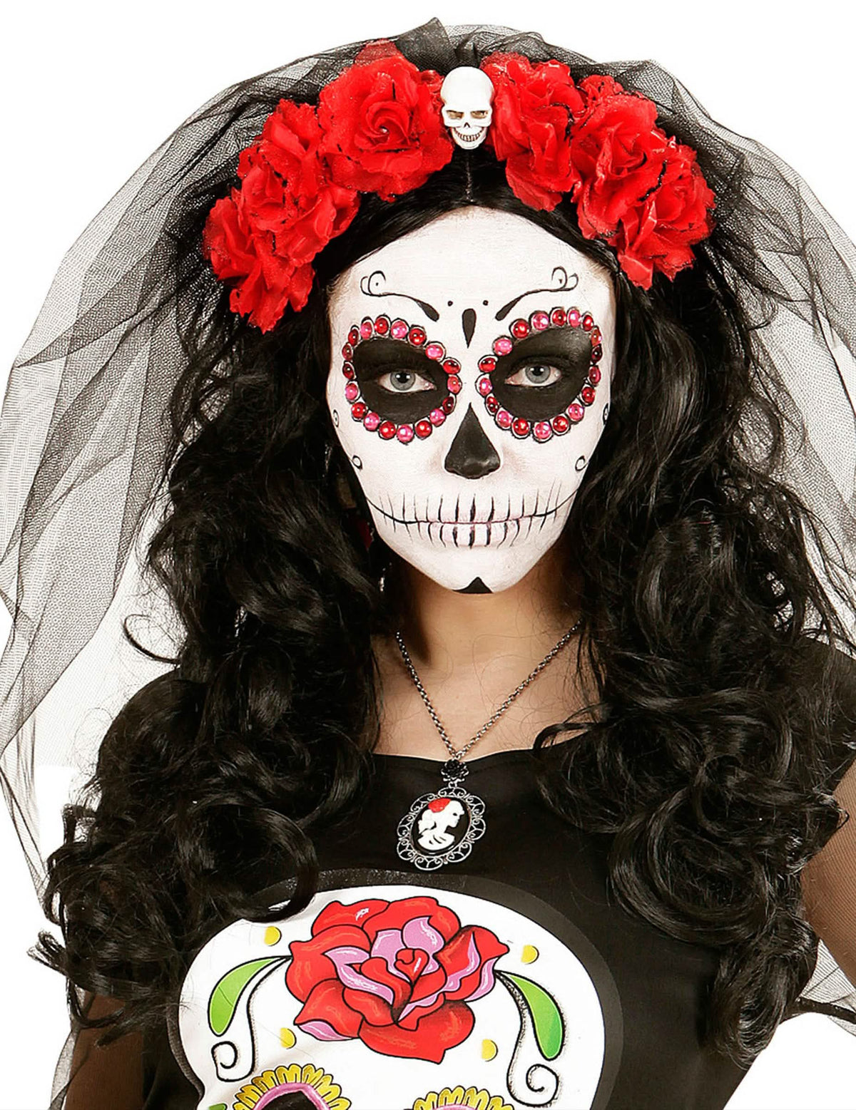 Čelenka s červenými kvetmi so lebkou Dia de los muertos pre ženu s čierna závojom
