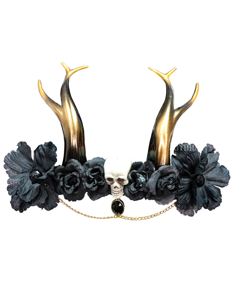 Coiffe gothique avec tête de mort pour femme noire et dorée avec cornes et fleurs