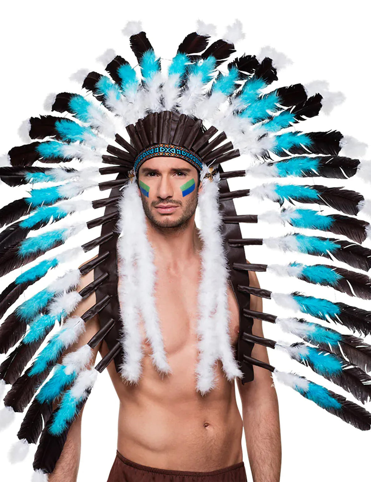 Coiffe grand chef indien pour adulte bleue noire et blanche