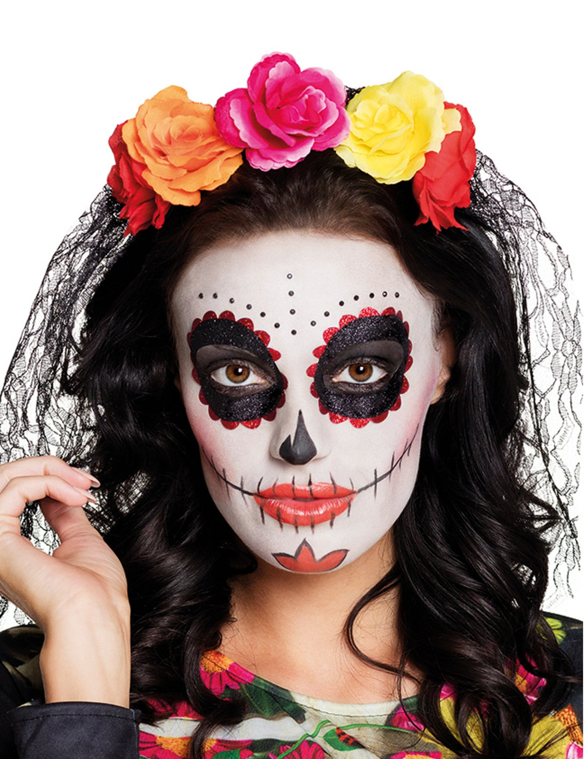 Coiffe Dia de los muertos pour adulte grosses roses multicolores avec voile en dentelle noire