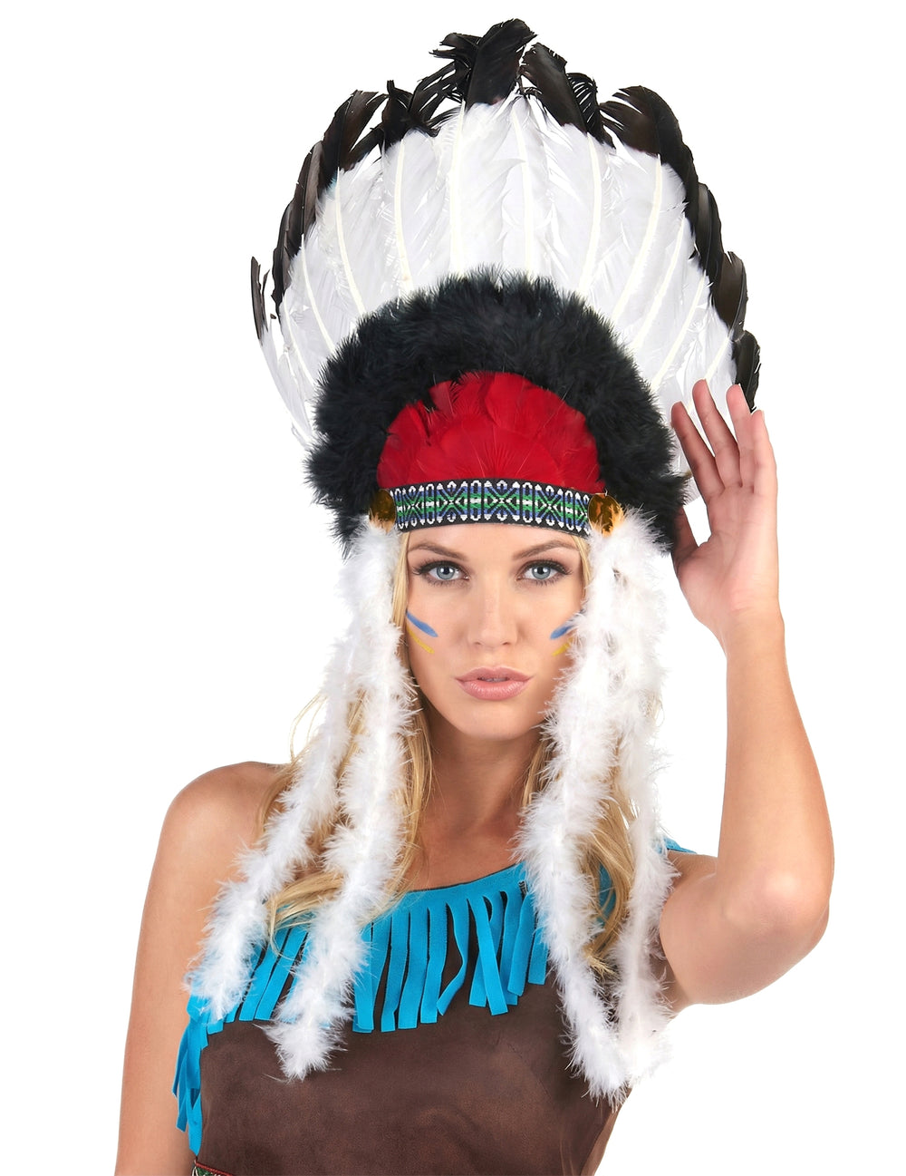 Coiffe indien avec plumes pour adulte blanc noir et rouge
