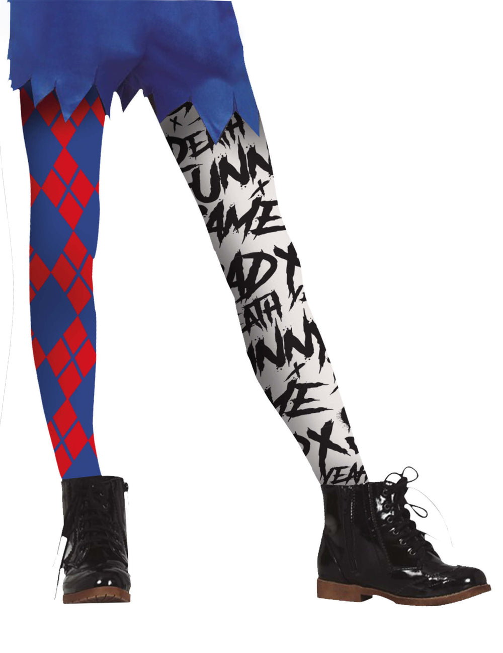 Collants Arlequin maléfique pour enfant asymétriques bleu, rouge et blanc à motifs losanges et graffitis