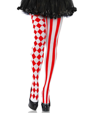 Collants arlequin pour femme rouge et blanc à losanges et rayures