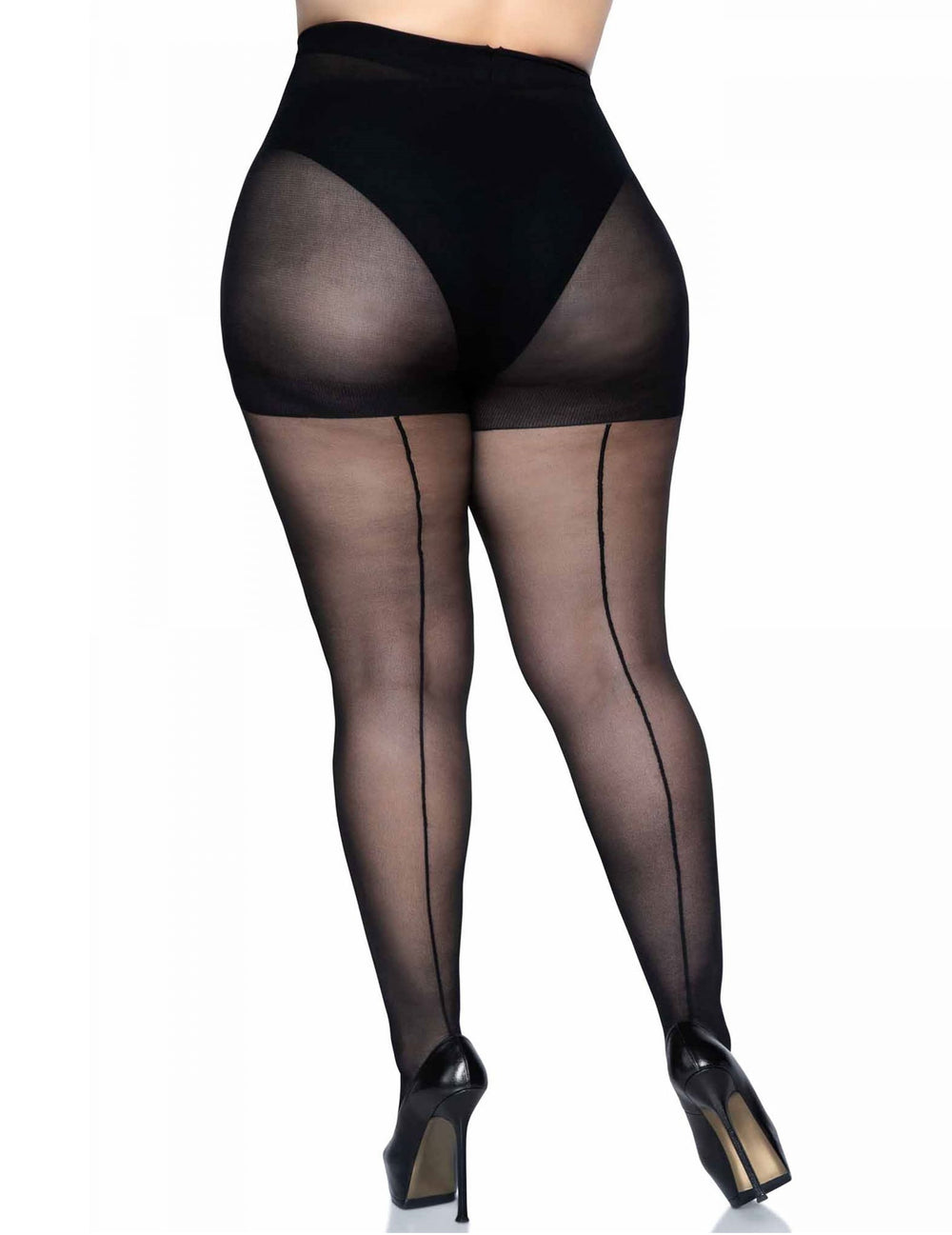 Détail du haut des jambes et des coutures de dos du collant couture pour femme