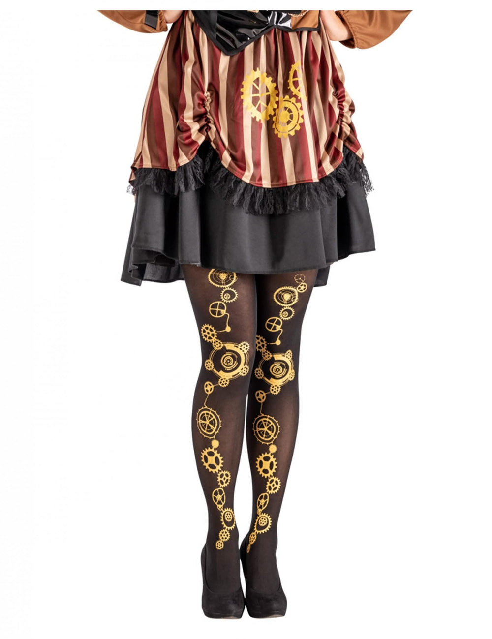 Pančuchové nohavice steampunk pre ženu čierna s motívmi zlatých ozubených kolies