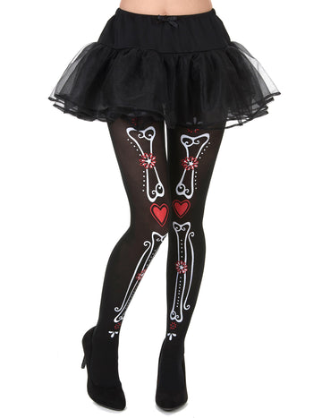 Collants squelette Dia de los muertos pour femme noirs avec motifs d'os et fleurs rouges