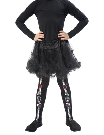 Collants squelette Dia de los muertos pour enfant noirs avec os et roses rouges