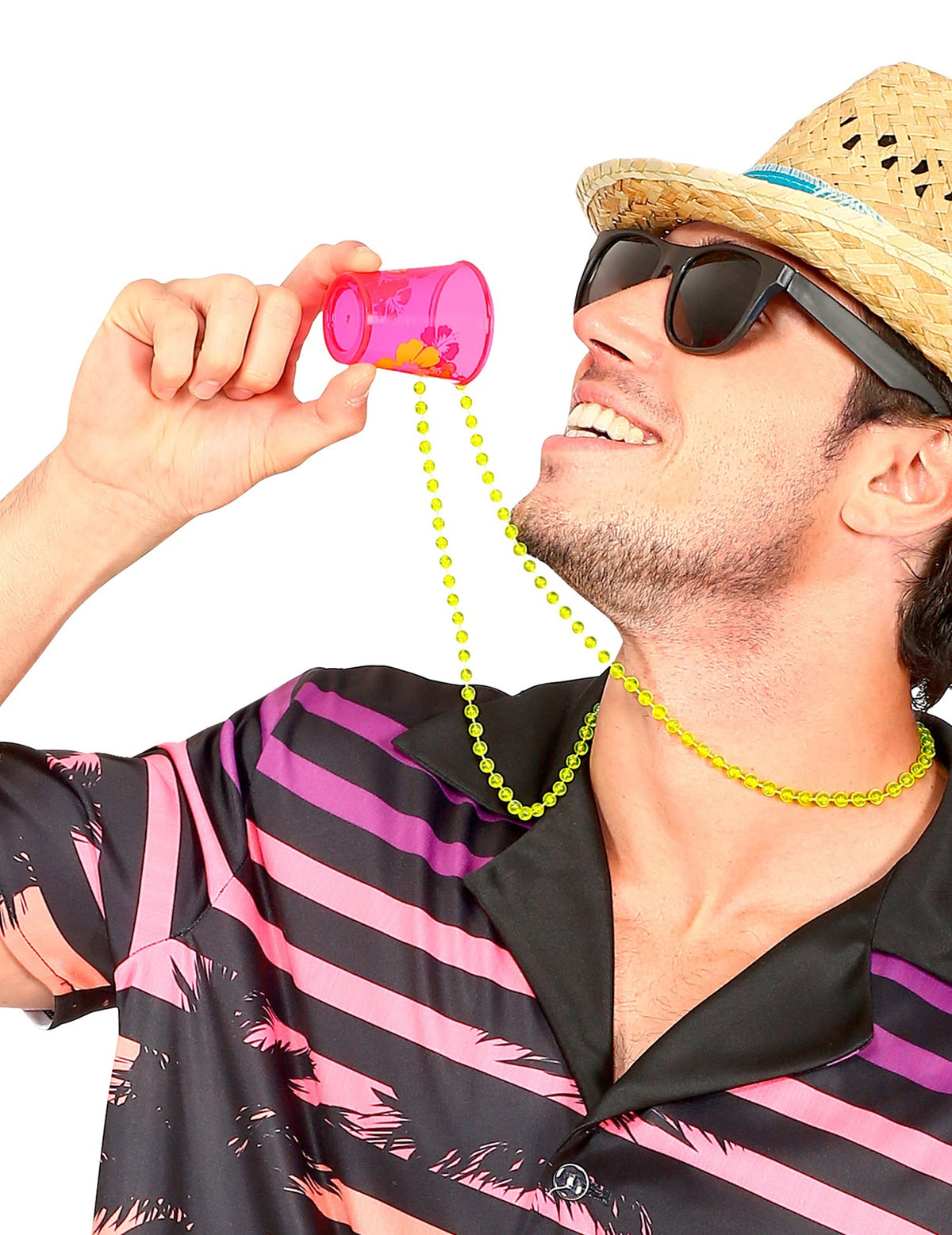 Collier de perles avec verre à shooter Hawaï pour adulte rose