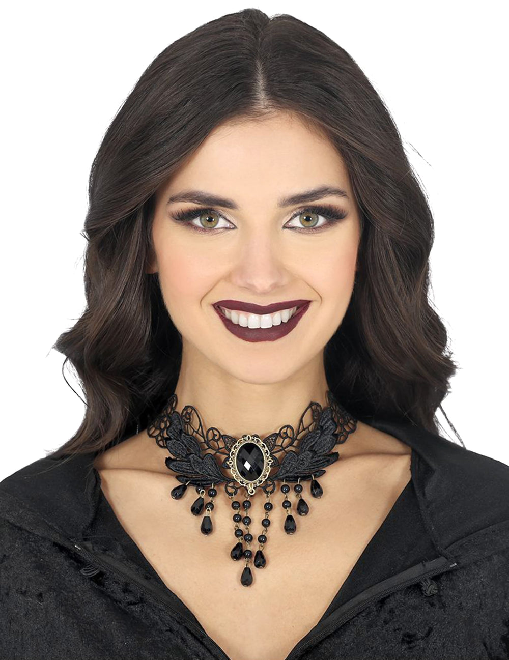 Collier en dentelle avec pierres noires pour femme noir
